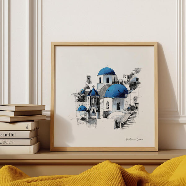 Hand-drawn Santorini wall art sketch with blue accents square poster