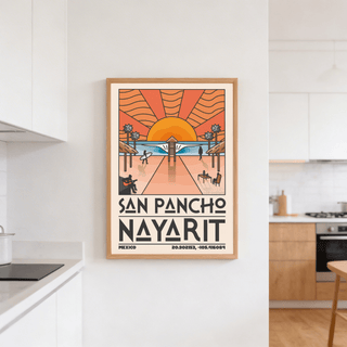 Coastal destination poster print with guitarist silhouette, beach huts, and palm trees