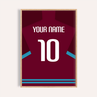 Centered Burnley Football Shirt Poster showing jersey back with YOUR NAME and number 10