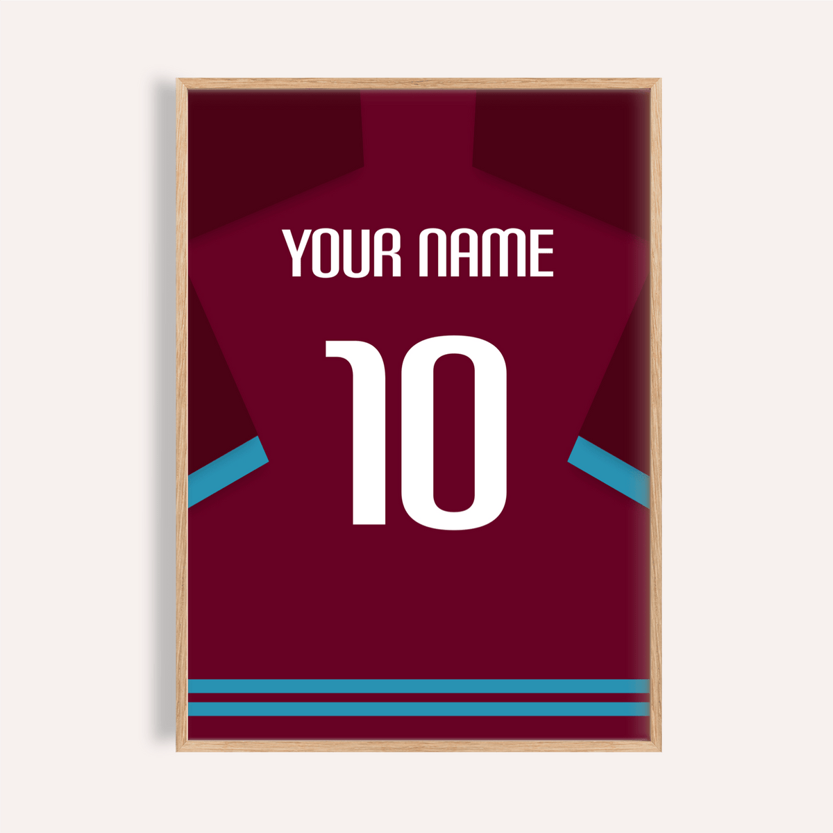 Centered Burnley Football Shirt Poster showing jersey back with YOUR NAME and number 10