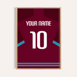 Custom Football Shirt – Claret with Light Blue Sleeve Trim — wooden-frame main image