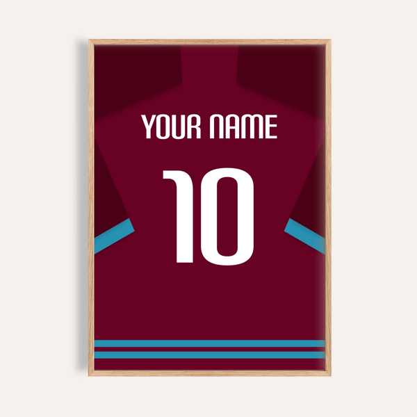 Centered Burnley Football Shirt Poster showing jersey back with YOUR NAME and number 10