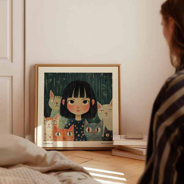 Girl and cat Japanese paintings perfect for warm, playful interiors