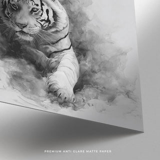 Black ink painting of tiger emerging from clouds, landscape tiger print wall art.
