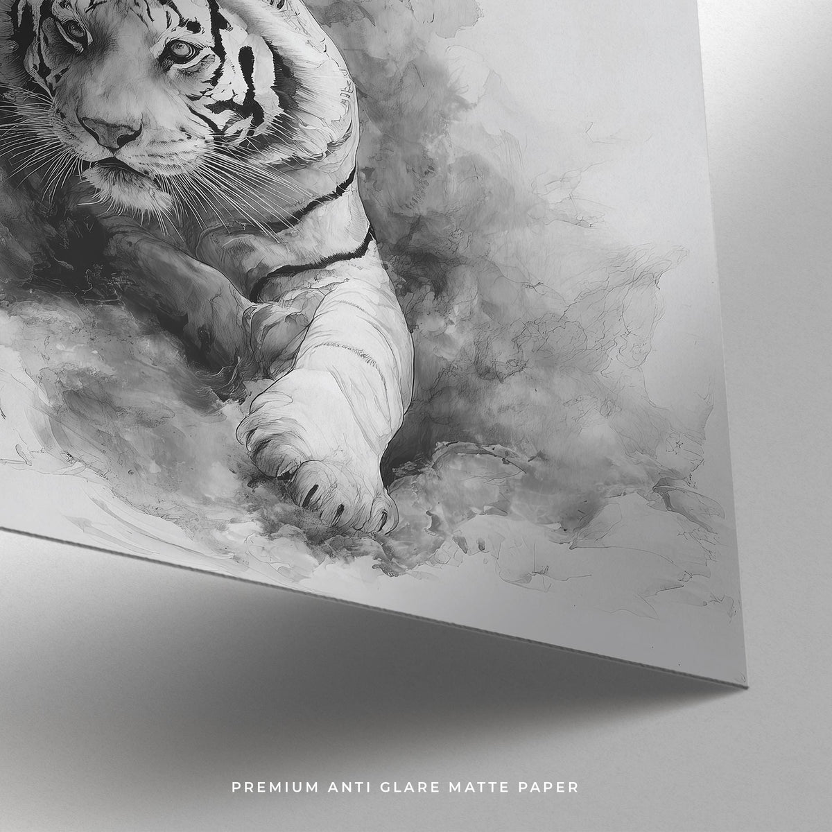 Black ink painting of tiger emerging from clouds, landscape tiger print wall art.