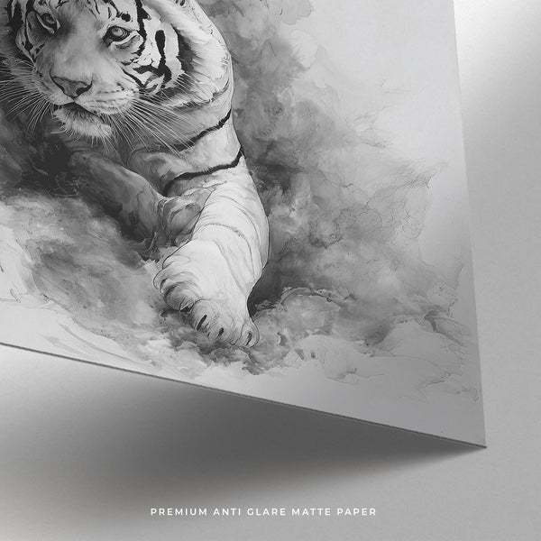 Black ink painting of tiger emerging from clouds, landscape tiger print wall art.