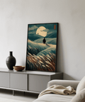 Ukiyo-e inspired Japanese Landscape Art poster with moon and windswept fields