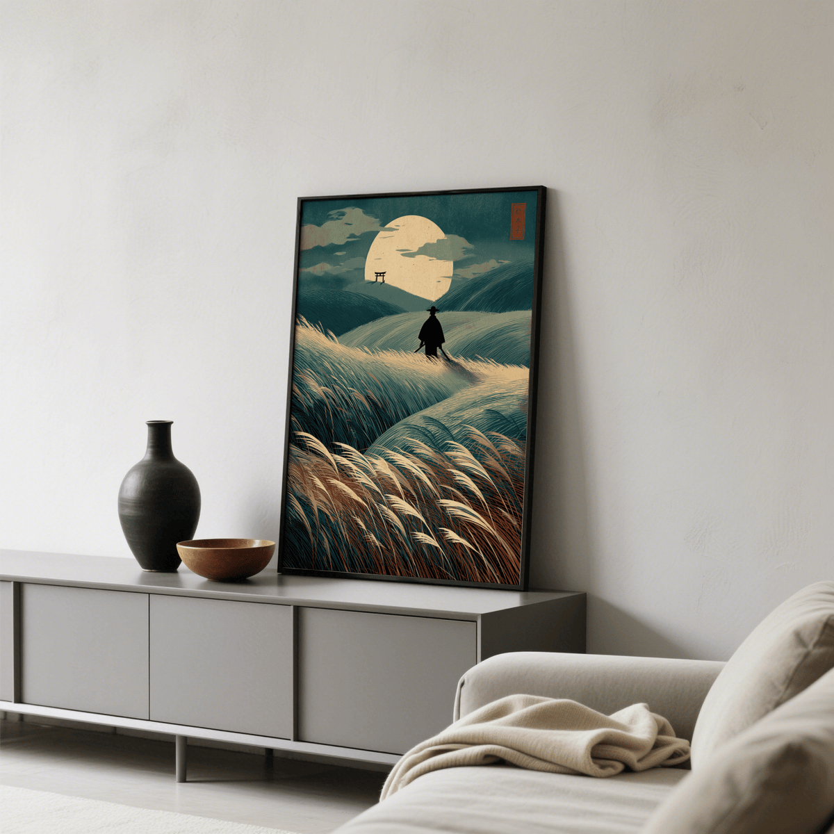 Ukiyo-e inspired Japanese Landscape Art poster with moon and windswept fields