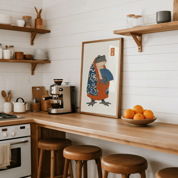 Frog in Kimono Print with blue fan, perfect for bathroom wall art