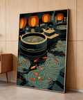 Overhead lanterns above koi ponds poster print in a graphic Japanese-inspired scene
