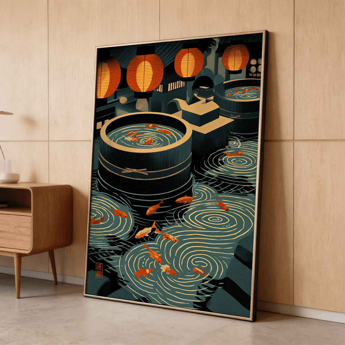 Overhead lanterns above koi ponds poster print in a graphic Japanese-inspired scene
