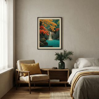 Classic shin hanga waterfall scene with serene blue-green tones