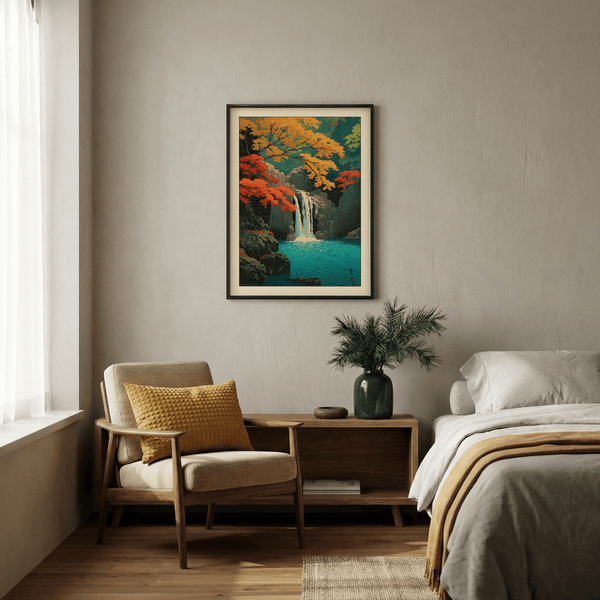 Classic shin hanga waterfall scene with serene blue-green tones