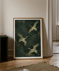 Depicting three cranes poster in a decorative pattern with varied negative space and textured feathers
