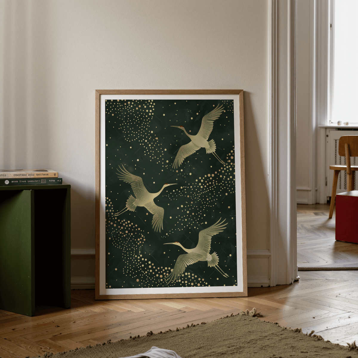 Depicting three cranes poster in a decorative pattern with varied negative space and textured feathers