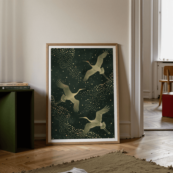 Depicting three cranes poster in a decorative pattern with varied negative space and textured feathers