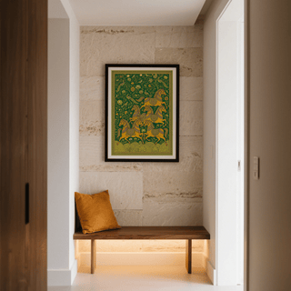 Galloping horses print featuring decorative saddle motifs and green tones