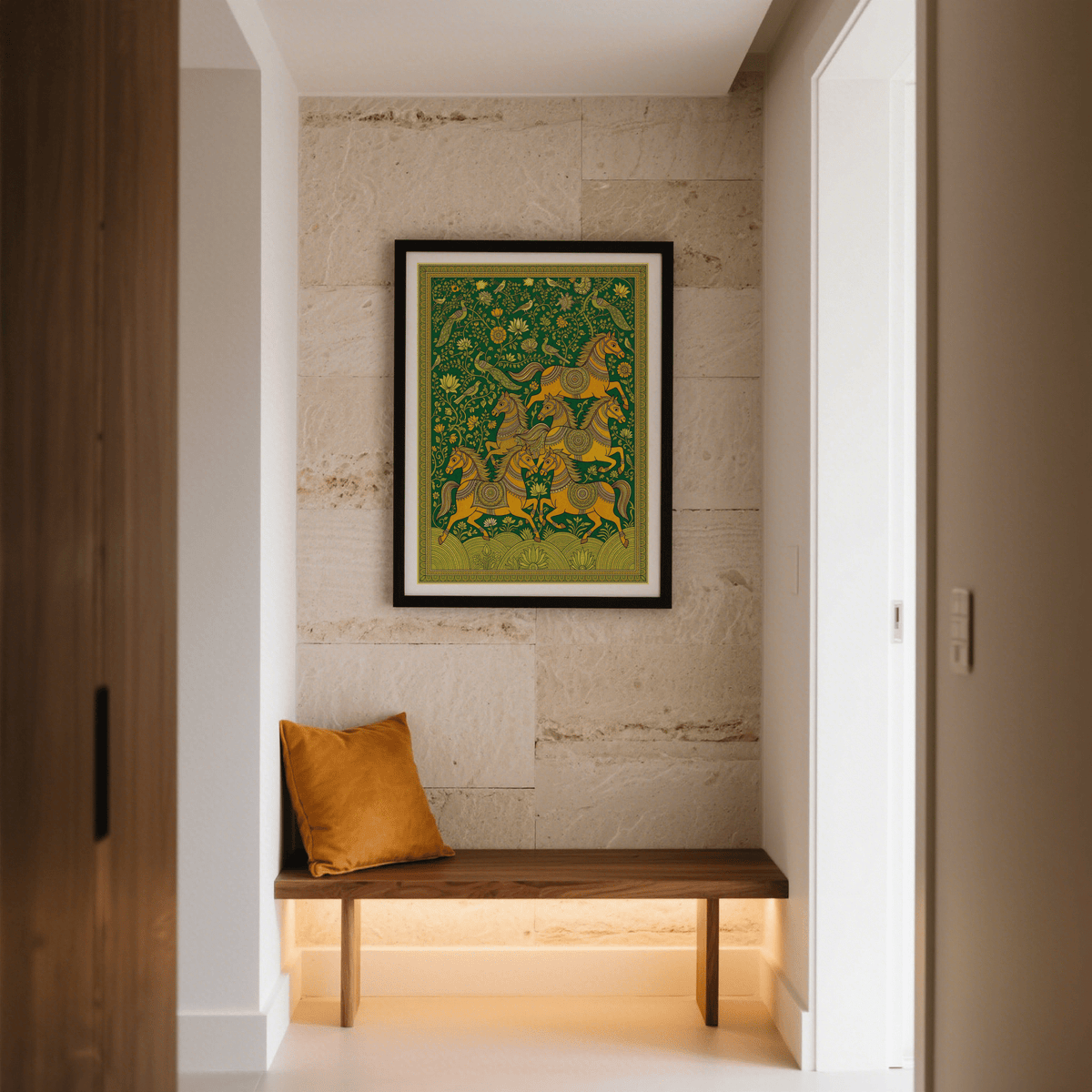 Galloping horses print featuring decorative saddle motifs and green tones