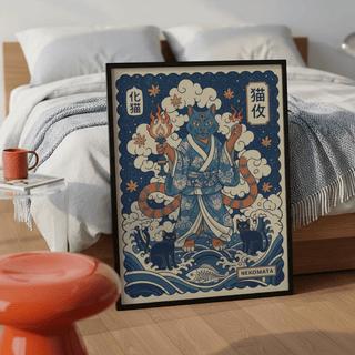Nekomata Cat Wall Art poster with stylized waves, fish skeleton, and border text