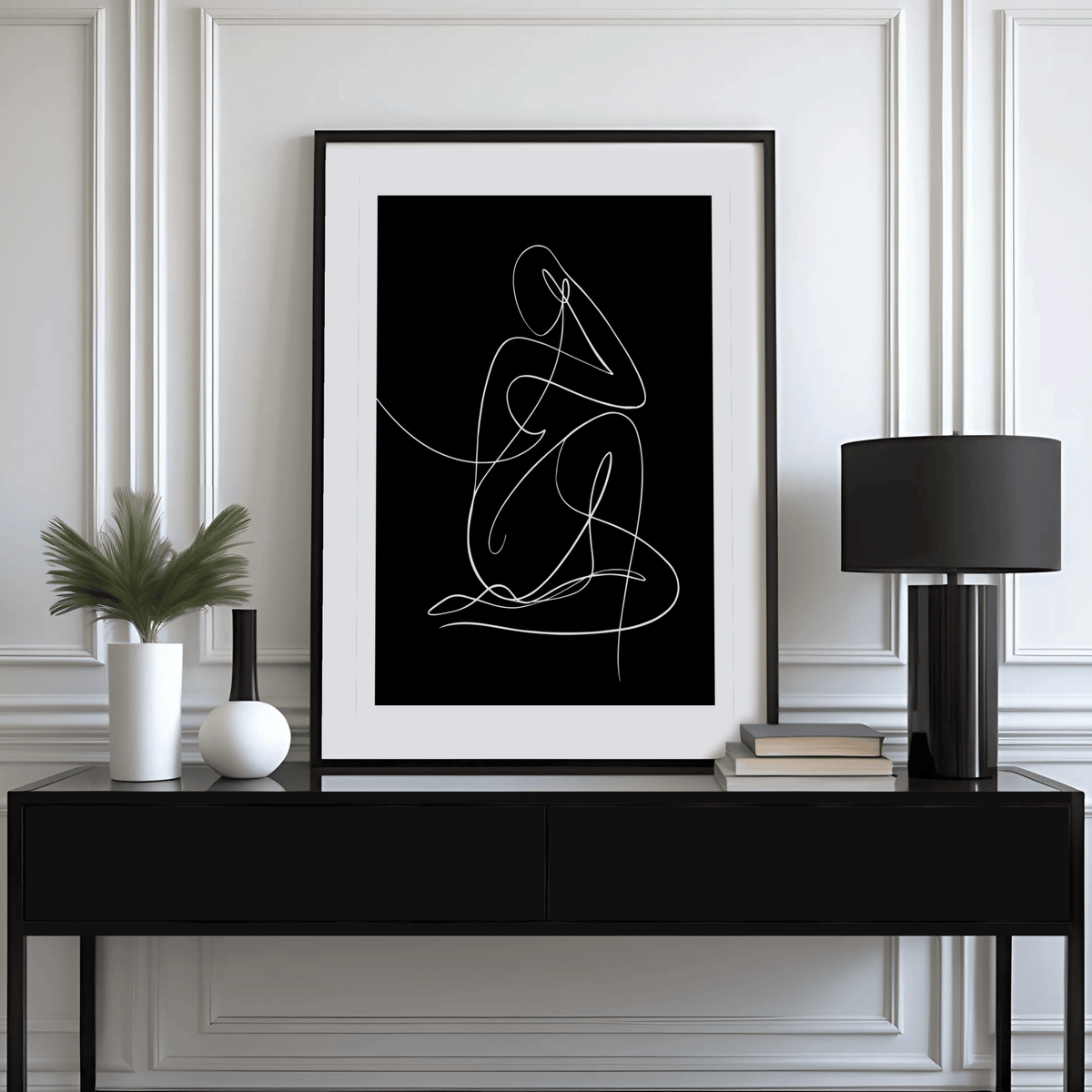 Monochrome single-line nude figure print, minimalist interior decor
