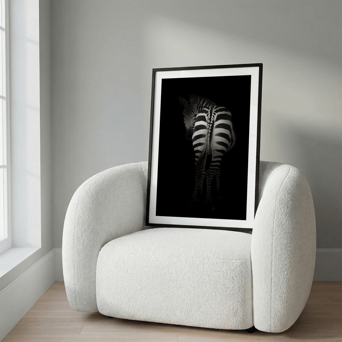 Centered zebra wall poster showing hindquarters and turned head