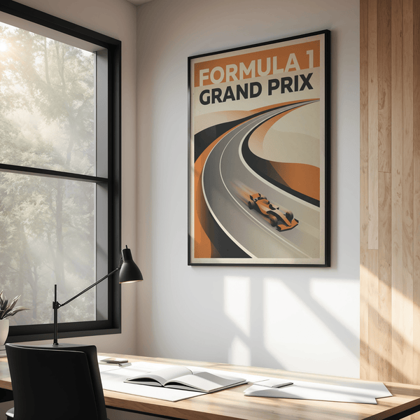 Angled view of motorsport wall art print showing sweeping racetrack curves and open-wheel car
