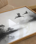 Traditional ink-style painting of cranes in the sky, Japanese cranes flying art scene.