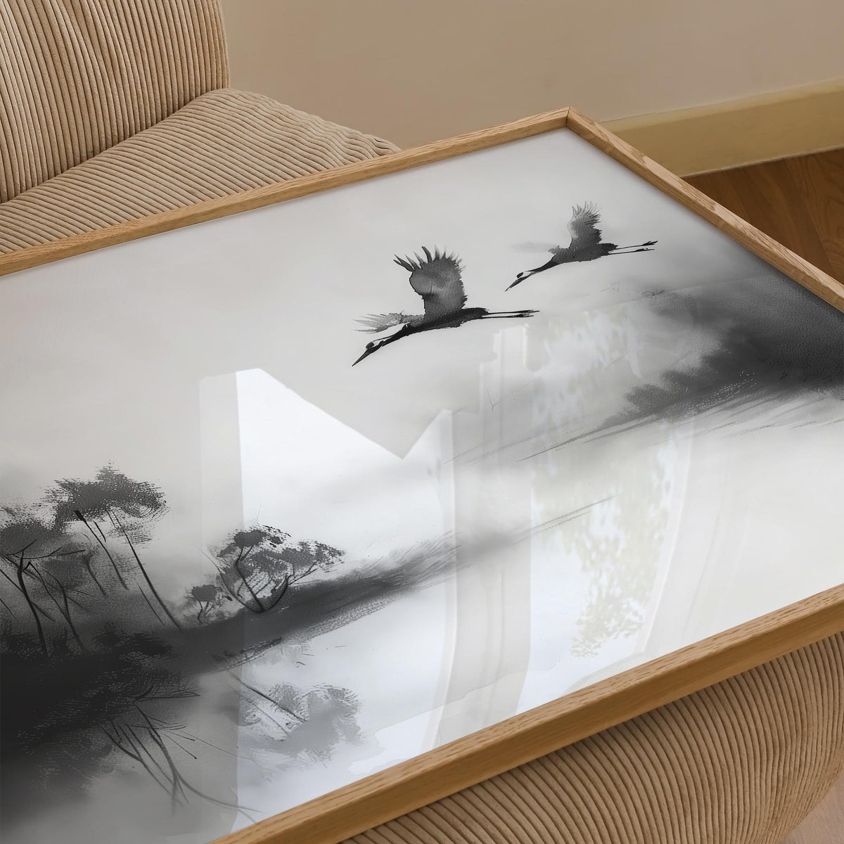 Traditional ink-style painting of cranes in the sky, Japanese cranes flying art scene.
