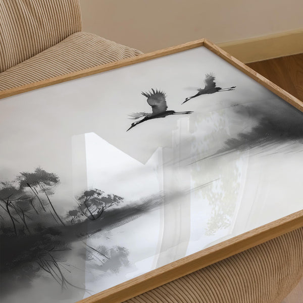 Traditional ink-style painting of cranes in the sky, Japanese cranes flying art scene.