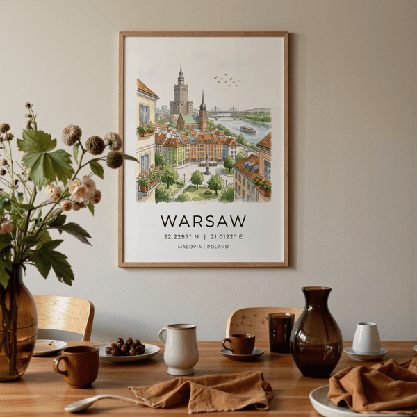 Architectural illustration print of Warsaw Old Town square and skyline