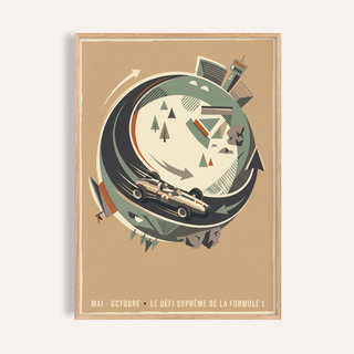 Overview of Retro Car Wall Art poster with a single-seater race car circling a track with arrows