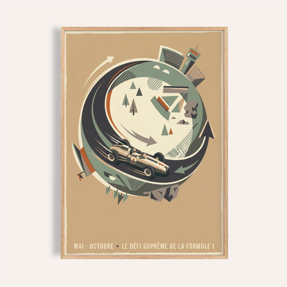 Overview of Retro Car Wall Art poster with a single-seater race car circling a track with arrows