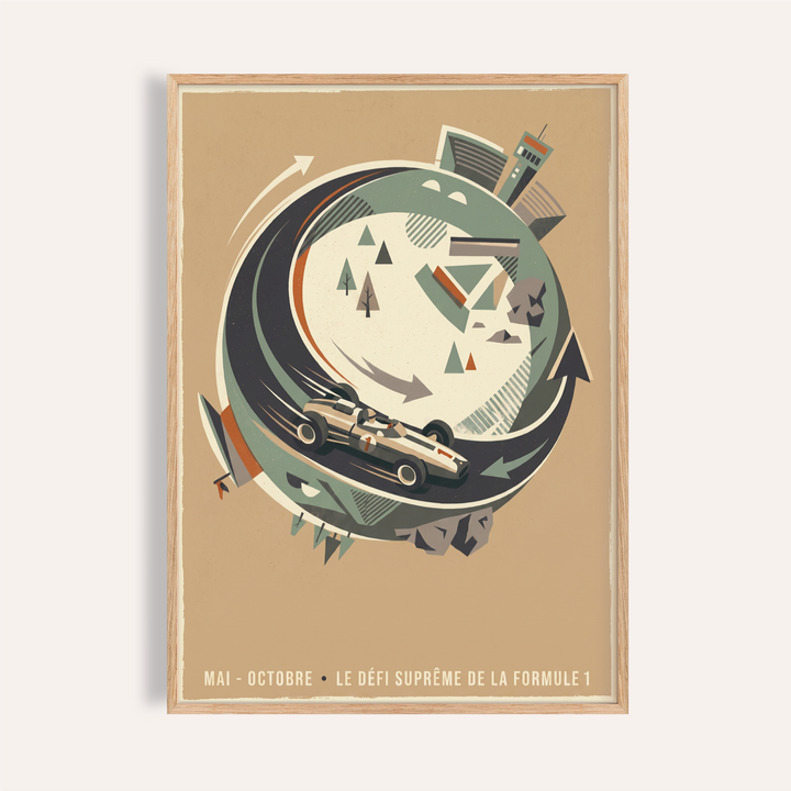 Overview of Retro Car Wall Art poster with a single-seater race car circling a track with arrows
