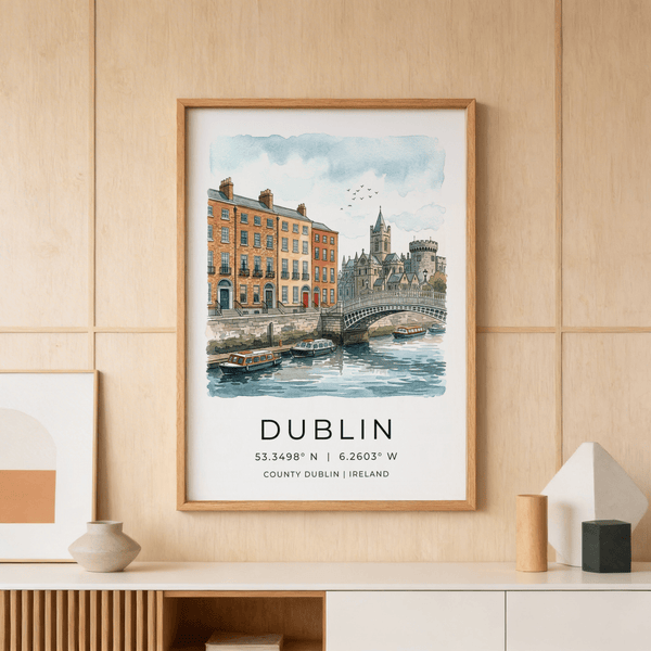 Watercolor-style Dublin riverside print showing townhouses and arched bridge