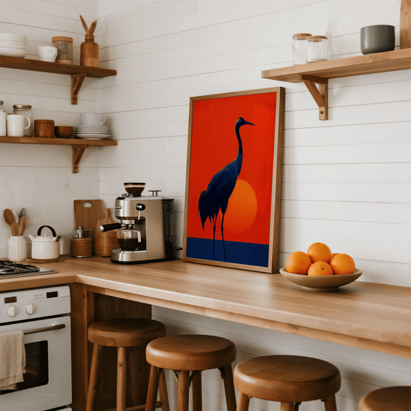 Minimalist blue and yellow Cranes Silhouette Art Print for entryway