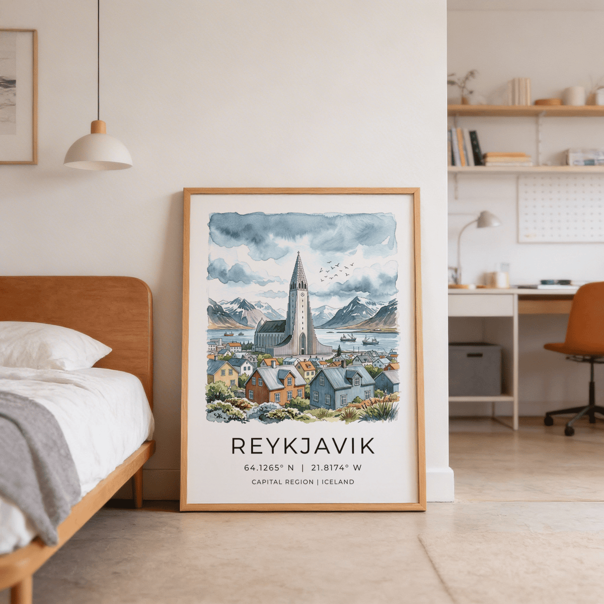 Layered neighborhood roofs, serene harbor water, and sweeping clouds in soft watercolor