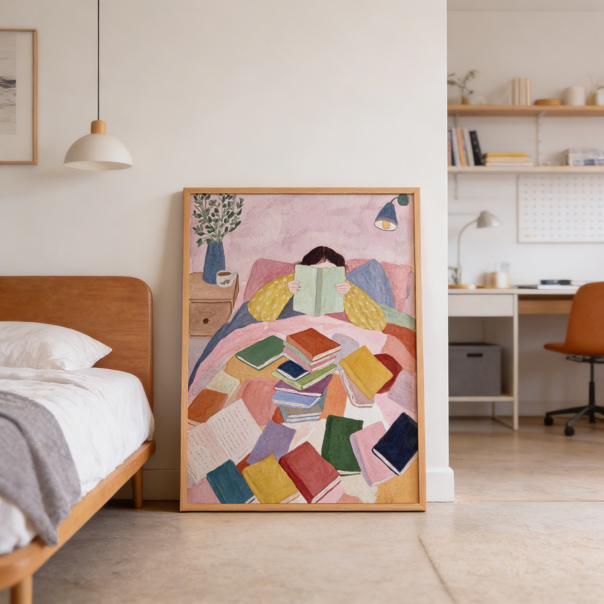 Soft watercolor poster of a woman holding an open book while lying on bed