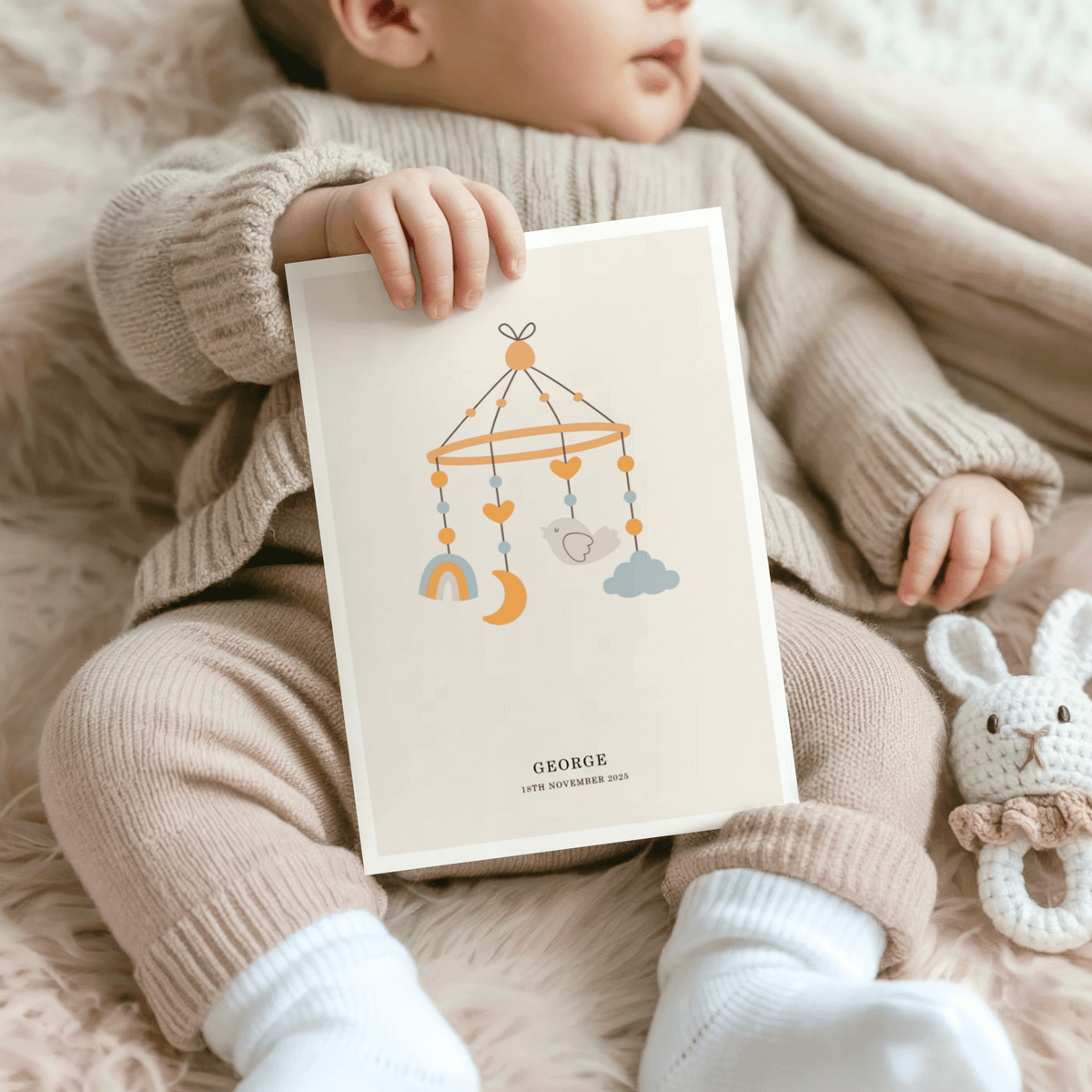 Personalised Baby Poster with soft blue and orange tones for baby room poster