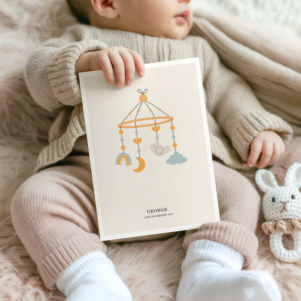 Personalised Baby Poster with soft blue and orange tones for baby room poster
