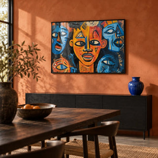 Abstract African Wall Art, framed on the wall of a modern dining room with a terracotta limewashed wall