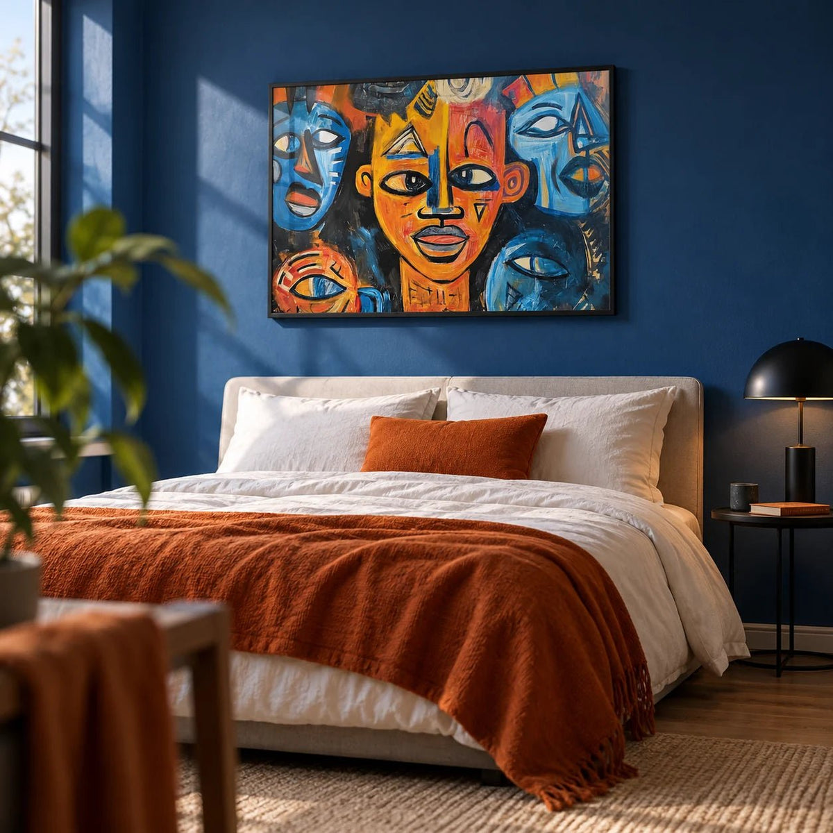 Abstract African Wall Art, framed on the wall of a stylish young adult's bedroom with a cobalt blue painted wall