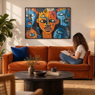 Abstract African Wall Art, framed on the wall of a warm modern living room with a plain warm white wall