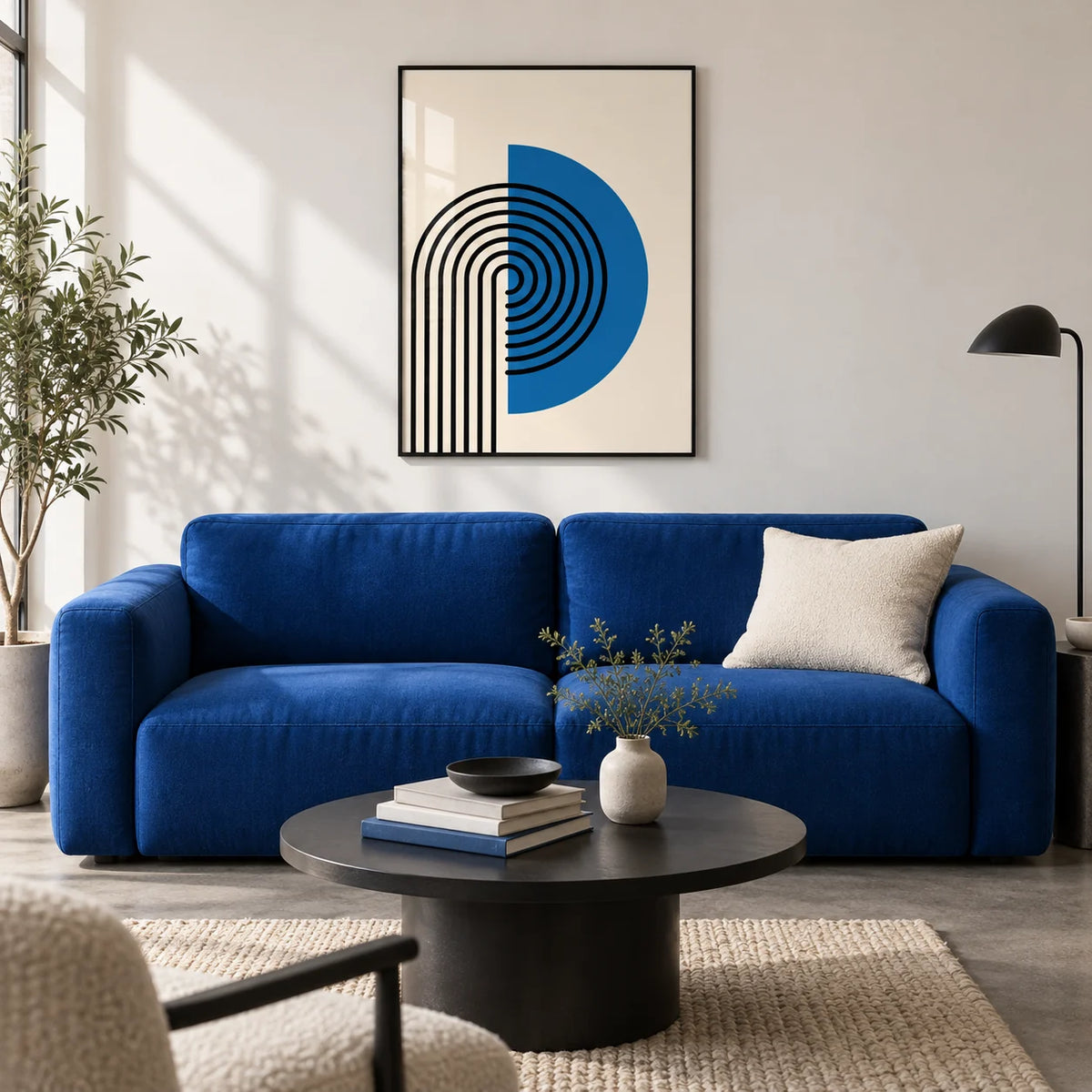 Abstract Arch Print, framed on the wall of a modern living room with a white wall and a concrete floor