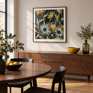 Abstract Art Floral Print, framed on the wall of a compact dining room in a design-led city flat with pale plaster walls and simple oak flooring
