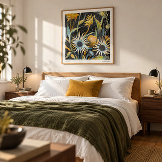 Abstract Art Floral Print, framed on the wall of a contemporary bedroom in a UK home with a warm white wall and simple walnut bedside tables