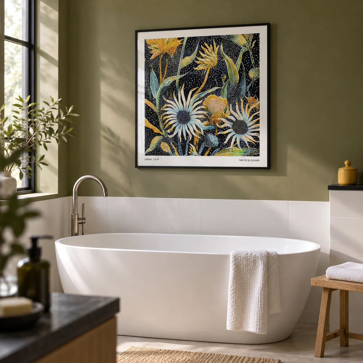 Abstract Art Floral Print, framed on the wall of a modern bathroom in a renovated UK terrace with an olive green upper wall and plain white lower tiles