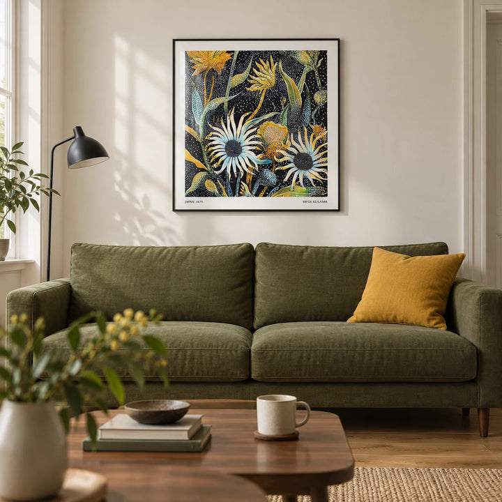 Abstract Art Floral Print, framed on the wall of a modern living room in a UK terraced home with warm white walls
