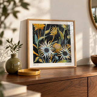 Abstract Art Floral Print, a small A4 framed print leaning on a walnut hallway side table