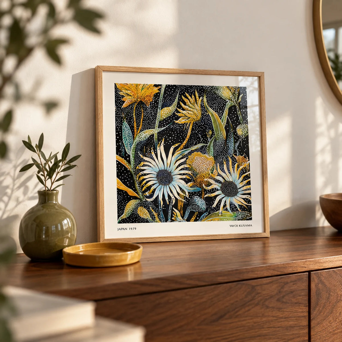 Abstract Art Floral Print, a small A4 framed print leaning on a walnut hallway side table