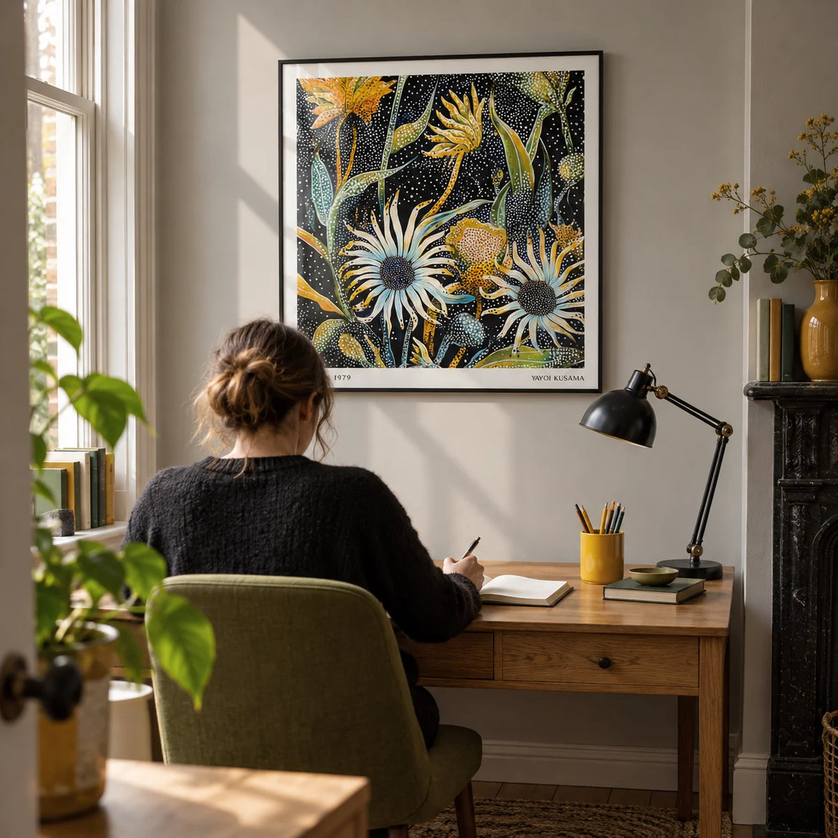 Abstract Art Floral Print, framed on the wall of a small home study in a Victorian terrace with a pale grey wall
